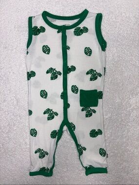 Kyte BABY Green Leaf-monstera Print Sleeveless One-Piece Romper 6/12m